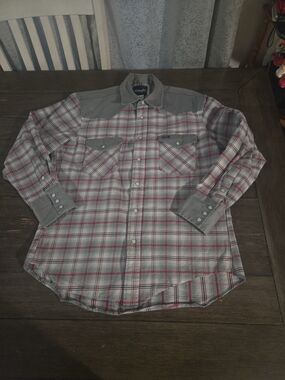 Vintage Wrangler Brushpopper Western Shirt L Grey Red Plaid Pearl Snap MS724GM